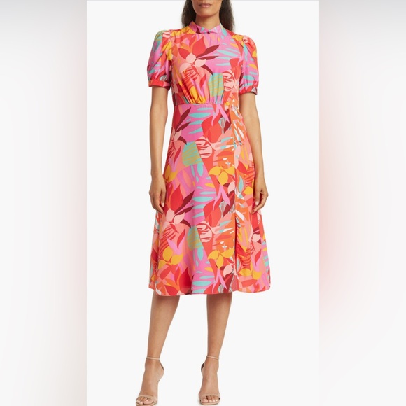 Julia Jordan Mock Neck Floral Print Midi Dress Multicolor Puff Sleeve Size 14 - Picture 1 of 16